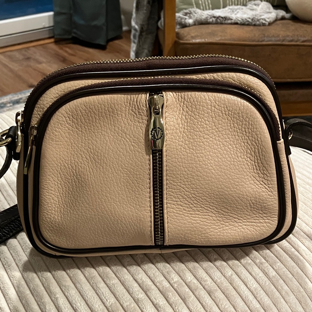 Valentina Genuine Leather Triple Zipper Crossbody Blush/Brown - Picture 3 of 9